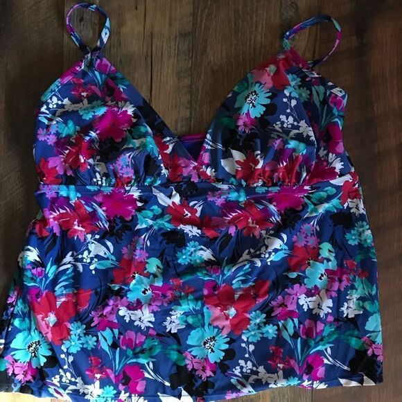 Catalina 2X Tankini Top Adj Straps removable Padded blue floral Print - Picture 3 of 5